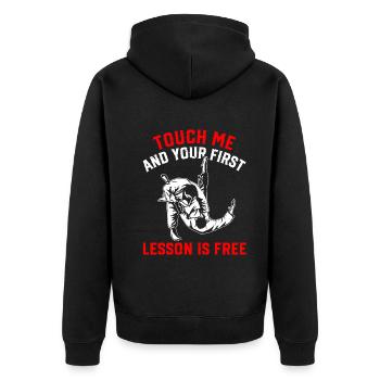 Touch me and your first lesson is free - Funny Jud - Unisex Premium Organic Zip Hoodie - black - Back - Nico (187cm)