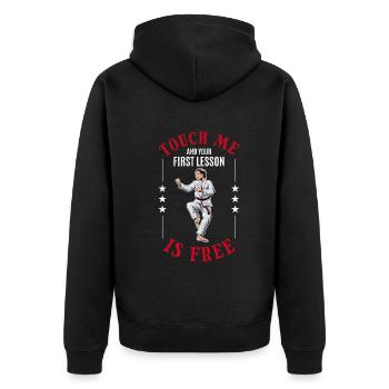 Touch me and your first lesson is free - Karate - Unisex Premium Organic Zip Hoodie - black - Back - Nico (187cm)