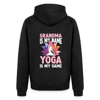 Mamie c’est mon nom Le Yoga c’est mon jeu - Yoga Mamie - Veste à capuche bio Premium Unisexe - noir - Dos - Nico (187cm)