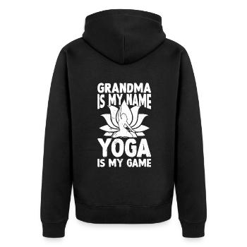 Grandma is my name Yoga is my game - Yoga - Unisex Premium Bio Zip Hoodie - Schwarz - Hinten - Nico (187cm)