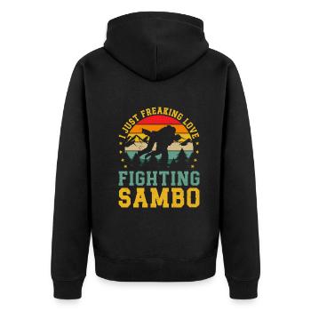 Sambo Martial Arts - I just freaking love fighting - Unisex Premium Bio Zip Hoodie - Schwarz - Hinten - Nico (187cm)