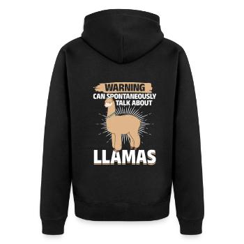 Llama Lover - Warning can spontaneously talk about - Unisex Premium Bio Zip Hoodie - Schwarz - Hinten - Nico (187cm)