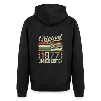 Jahrgang 1977 Retro Geburtstagsgeschenk 1977 - Unisex Premium Bio Zip Hoodie - Schwarz - Hinten - Nico (187cm)