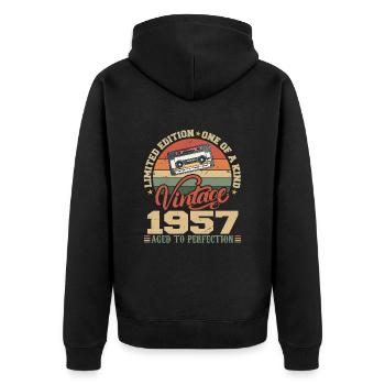 Jahrgang 1957 Retro 1957 Geburtstagsgeschenk - Unisex Premium Bio Zip Hoodie - Schwarz - Hinten - Nico (187cm)