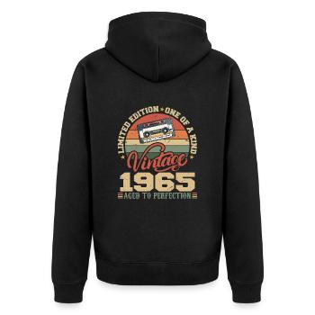 Jahrgang 1965 Retro 1965 Geburtstagsgeschenk - Unisex Premium Bio Zip Hoodie - Schwarz - Hinten - Nico (187cm)