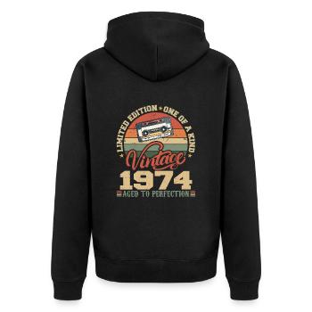 Jahrgang 1974 Retro Geburtstagsgeschenk 1974 - Unisex Premium Bio Zip Hoodie - Schwarz - Hinten - Nico (187cm)