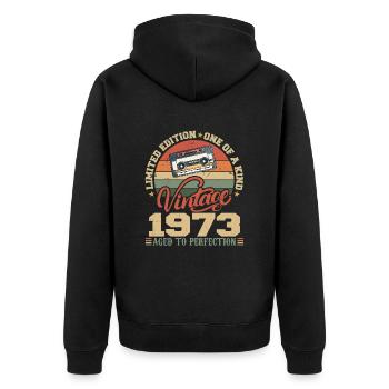 Jahrgang 1973 Retro Geburtstagsgeschenk 1973 - Unisex Premium Bio Zip Hoodie - Schwarz - Hinten - Nico (187cm)