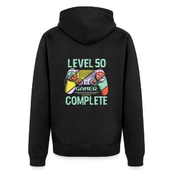 Level 50 Komplett 50 Years Gamer Level 50 Komplett - Unisex Premium Bio Zip Hoodie - Schwarz - Hinten - Nico (187cm)
