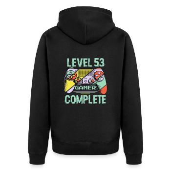 Level 53 Abgeschlossen 53 Jahre alter Spieler Level 53 abgeschlossen - Unisex Premium Bio Zip Hoodie - Schwarz - Hinten - Nico (187cm)