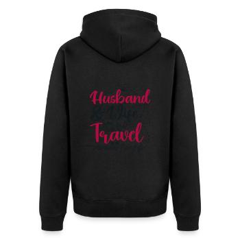 Paar, das Ehemann und Ehefrau zusammenbringt Reisepartner - Unisex Premium Bio Zip Hoodie - Schwarz - Hinten - Nico (187cm)