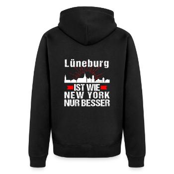 Lüneburg Ist Wie New York Nur Besser - Unisex Premium Bio Zip Hoodie - Schwarz - Hinten - Nico (187cm)