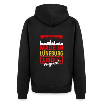 Made In Lüneburg 100% Original - Unisex Premium Bio Zip Hoodie - Schwarz - Hinten - Nico (187cm)