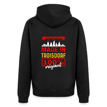 Made In Troisdorf 100% Original - Unisex Premium Bio Zip Hoodie - Schwarz - Hinten - Nico (187cm)