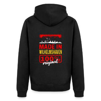 Made In Wilhelmshaven 100% Original - Unisex Premium Bio Zip Hoodie - Schwarz - Hinten - Nico (187cm)