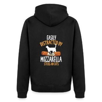 Leicht ablenkbar durch Mozzarella-Sticks und Katze - Unisex Premium Bio Zip Hoodie - Schwarz - Hinten - Nico (187cm)