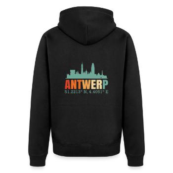 Skyline of Antwerp Netherlands - Unisex Premium Organic Zip Hoodie - black - Back - Nico (187cm)
