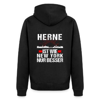 Herne Ist Wie New York Nur Besser - Unisex Premium Bio Zip Hoodie - Schwarz - Hinten - Nico (187cm)