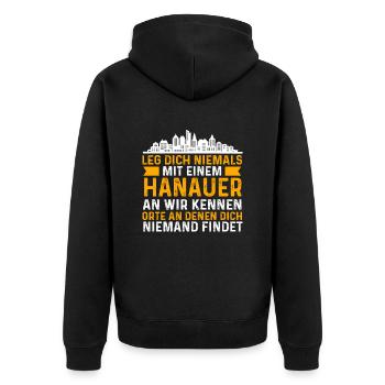 Leg Dich Niemals Mit Einem Hanauer An - Unisex Premium Bio Zip Hoodie - Schwarz - Hinten - Nico (187cm)