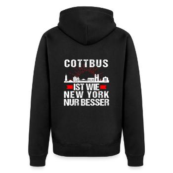 Cottbus Ist Wie New York Nur Besser - Unisex Premium Bio Zip Hoodie - Schwarz - Hinten - Nico (187cm)