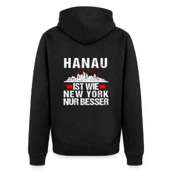 Hanau Ist Wie New York Nur Besser - Unisex Premium Bio Zip Hoodie - Schwarz - Hinten - Nico (187cm)