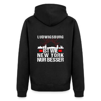 Ludwigsburg Ist Wie New York Nur Besser - Unisex Premium Bio Zip Hoodie - Schwarz - Hinten - Nico (187cm)