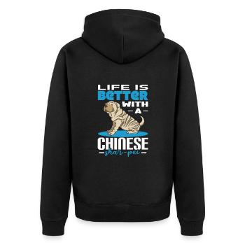 Chinese Shar Pei - Unisex Premium Bio Zip Hoodie - Schwarz - Hinten - Nico (187cm)