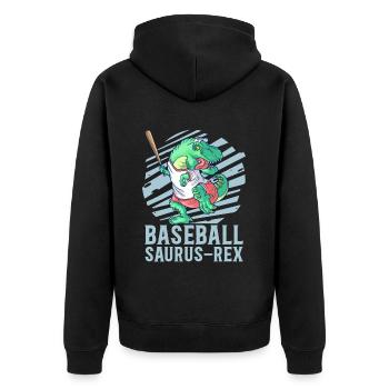 Baseball Saurus Dinosaurier T-Rex Baseballspieler - Unisex Premium Bio Zip Hoodie - Schwarz - Hinten - Nico (187cm)