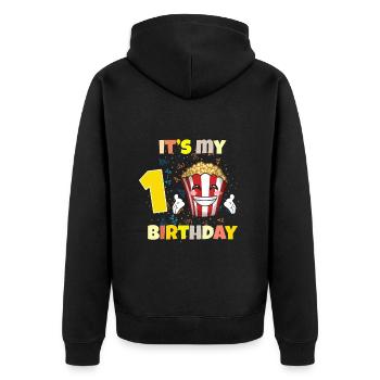 Es ist mein 1. Geburtstag - Unisex Premium Bio Zip Hoodie - Schwarz - Hinten - Nico (187cm)