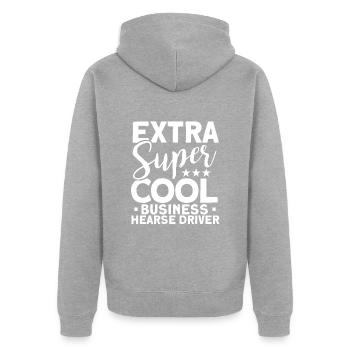 Extra super cooler Business - Leichenwagenfahrer - Unisex Premium Bio Zip Hoodie - Grau meliert - Hinten - Nico (187cm)