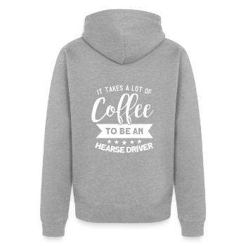 Es braucht viel Kaffee , um ein Leichenwagenfahrer - Unisex Premium Bio Zip Hoodie - Grau meliert - Hinten - Nico (187cm)
