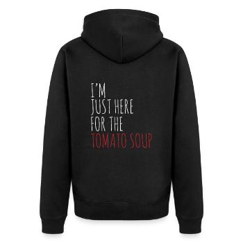 Ich bin nur wegen der Tomatensuppe hier - Unisex Premium Bio Zip Hoodie - Schwarz - Hinten - Nico (187cm)