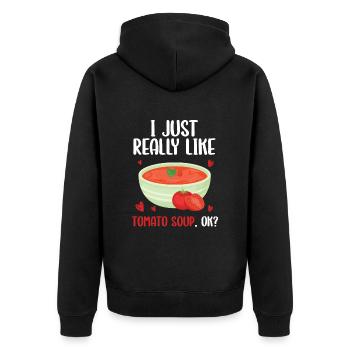 Ich mag Tomatensuppe einfach sehr gern, ok - Unisex Premium Bio Zip Hoodie - Schwarz - Hinten - Nico (187cm)
