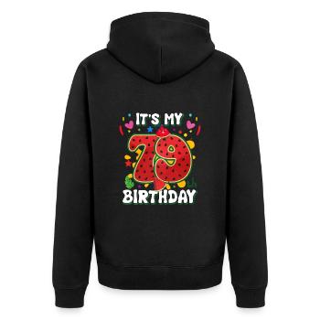 79. Geburtstag Wassermelone - Unisex Premium Bio Zip Hoodie - Schwarz - Hinten - Nico (187cm)