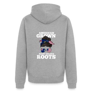 Saint Helena - Unisex Premium Organic Zip Hoodie - heather grey - Back - Nico (187cm)
