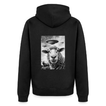 Ufo Selfie Schaf - Unisex Premium Bio Zip Hoodie - Schwarz - Hinten - Nico (187cm)