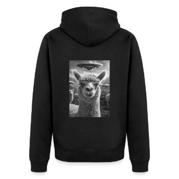 Ufo Selfie Alpaka - Unisex Premium Bio Zip Hoodie - Schwarz - Hinten - Nico (187cm)
