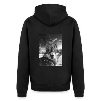 Ufo Selfie Wolf - Unisex Premium Bio Zip Hoodie - Schwarz - Hinten - Nico (187cm)