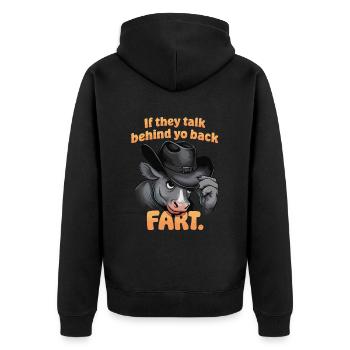Kuh - Unisex Premium Bio Zip Hoodie - Schwarz - Hinten - Nico (187cm)
