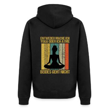 Sprüche Yoga Frau oder atmen Geht nicht - Unisex Premium Bio Zip Hoodie - Schwarz - Hinten - Nico (187cm)