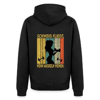Bodybuilding Sprüche Frau Schweiß Weinen - Unisex Premium Bio Zip Hoodie - Schwarz - Hinten - Nico (187cm)