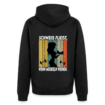 Bodybuilding Sprüche Frau Schweiß Weinen - Unisex Premium Bio Zip Hoodie - Schwarz - Hinten - Nico (187cm)