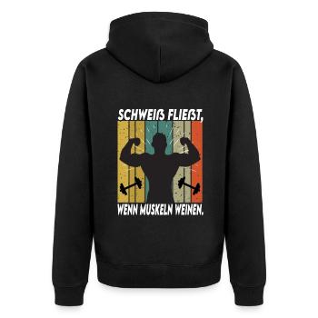 Bodybuilding Sprüche Mann Schweiß Weinen - Unisex Premium Bio Zip Hoodie - Schwarz - Hinten - Nico (187cm)