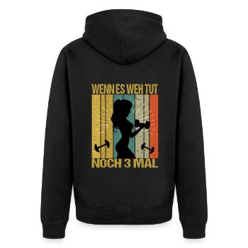Bodybuilding Sprüche Frau Wenn es weh tut nochmal - Unisex Premium Bio Zip Hoodie - Schwarz - Hinten - Nico (187cm)