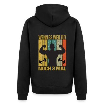 Bodybuilding Sprüche Mann Wenn es weh tut nochmal - Unisex Premium Bio Zip Hoodie - Schwarz - Hinten - Nico (187cm)