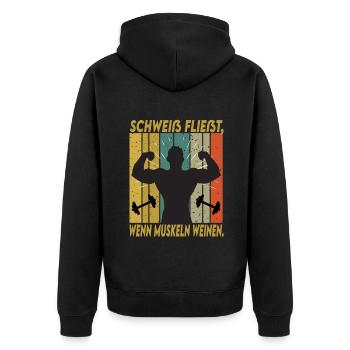 Bodybuilding Sprüche Mann Schweiß Weinen - Unisex Premium Bio Zip Hoodie - Schwarz - Hinten - Nico (187cm)