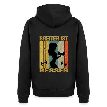 Bodybuilding Sprüche Frau Breiter ist besser - Unisex Premium Bio Zip Hoodie - Schwarz - Hinten - Nico (187cm)
