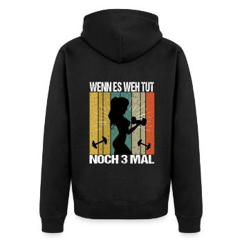 Bodybuilding Sprüche Frau Wenn es weh tut nochmal - Unisex Premium Bio Zip Hoodie - Schwarz - Hinten - Nico (187cm)