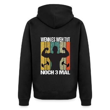 Bodybuilding Sprüche Mann Wenn es weh tut nochmal - Unisex Premium Bio Zip Hoodie - Schwarz - Hinten - Nico (187cm)