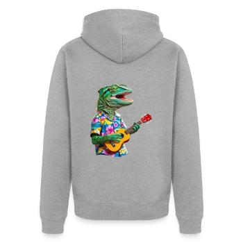 Chamäleon spielt Ukulele - Unisex Premium Bio Zip Hoodie - Grau meliert - Hinten - Nico (187cm)