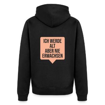 Ich werde alt aber nie erwachsen. - Unisex Premium Bio Zip Hoodie - Schwarz - Hinten - Nico (187cm)